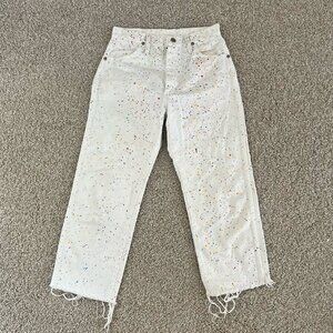 90s Wrangler White Denim Paint Splatter Multicolor Jeans Cropped Distressed 27/S
